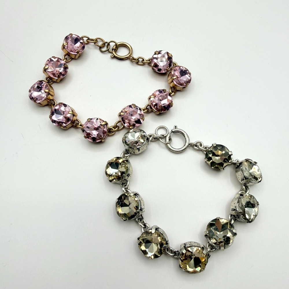Vintage Crystal Tennis Bracelet Pink Smoky Gray Round Rhinestones